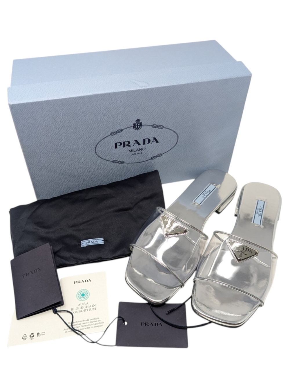 Like NIB Prada Silver Plexiglass PVC Slide Dress Up Sandal Size EU 38